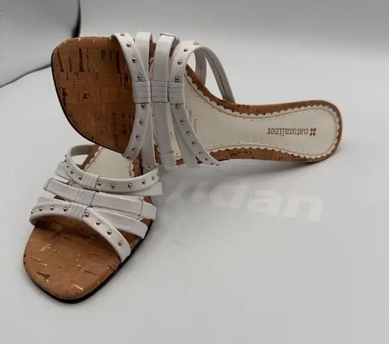 Naturalizer Sana White Strappy Sandal Heels With Cork Sole Studded Detail