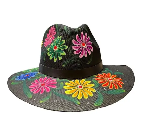 HAT MEXICAN Artisanal Hand Painted Fedora Floral Sombrero Panama Bohemian Black