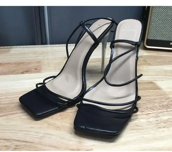 H by HALSTON Wizards Vegan Women 8.5 Black Leather Strappy Stiletto Heel Sandals