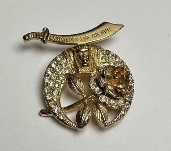 Signed ORA Daughter Of The Nile Scimitar & Rose Brooch Pin Rhinestone Vintage Gold