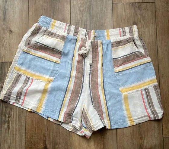 Colorful Striped Linen Blend Shorts | Size L | EauC | Pockets | Relaxed Fit Blue Size L