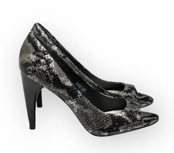 via spiga new Metallic Python Leather Peep Toe Heels Pumps Black Grey 8.5M