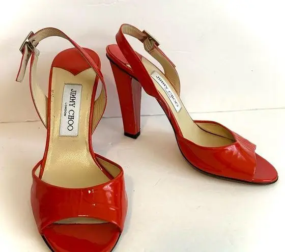Jimmy Choo Patent Leather Pepper Slingback Sandal Heels Orange