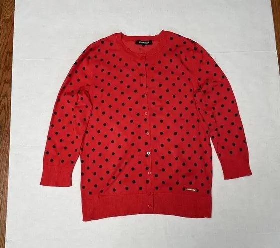 Ellen Tracy  Size Small Cardigan Red with Navy Polka Dots, 3/4 Sleeves