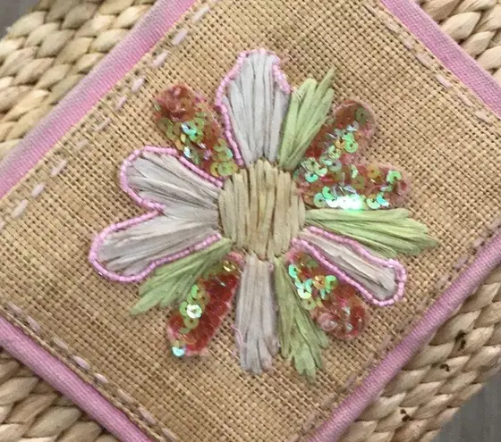 Flower Wicker Straw Basket Gingham Purse Bag Pink