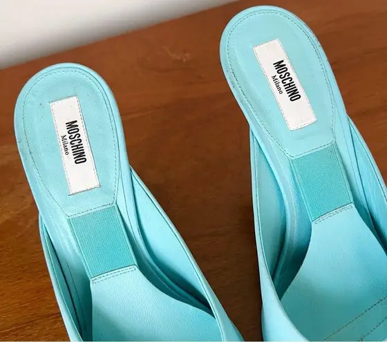 Moschino x Barbie • turquoise stiletto mules heels sandals peep toe
