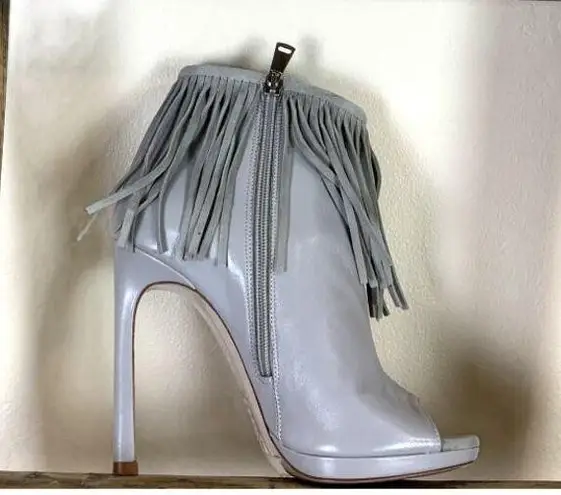 Tiffany Designs Gray Fringe Ankle Bootie Italian Designer Boot SIZE 6 Stiletto Western $345 NEW