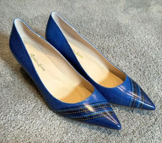 Women’s Reindee Lusion Blue Kitty Heel Pointed Toe Shoes Denim Look Size 11 NEW