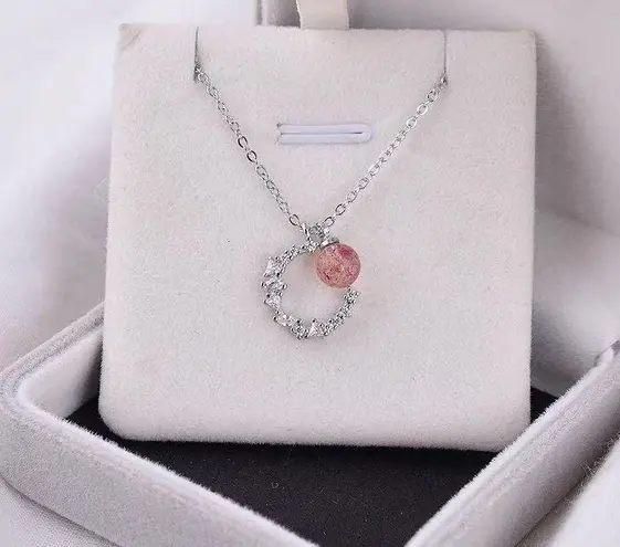 Sterling Silver 925  crescent strawberry crystal necklace women's high-end light luxury 2023 new style peach blossom clavicle chain ins lettering