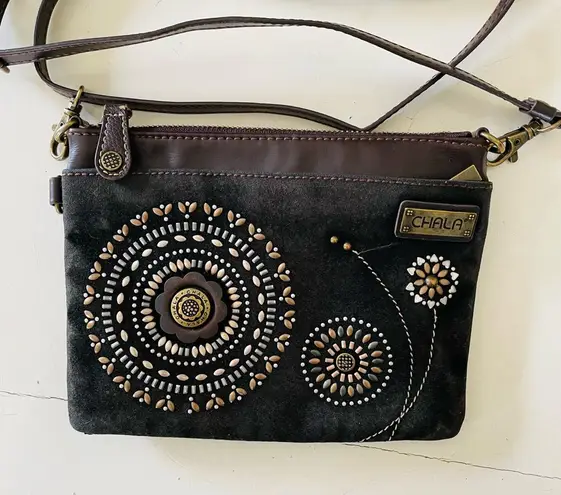 Chala Floral Mandala Embroidered Crossbody Bag Brown Vegan Leather Small