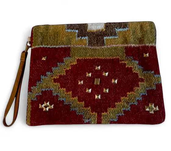 Boutique A & P DENIM Sarasota Aztec Studded Tapestry Bag Large Clutch w/Leather Strap NEW