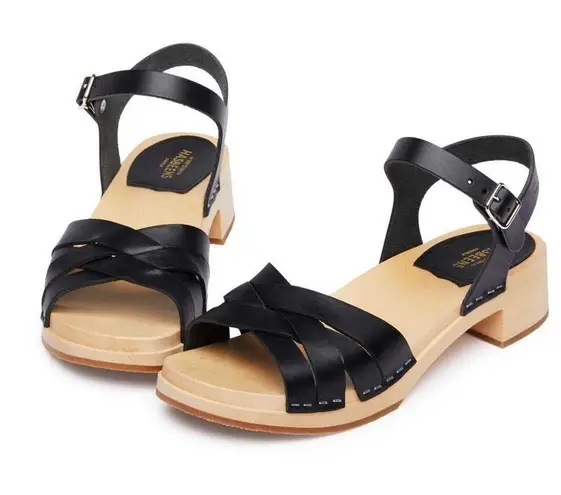 Swedish Hasbeens New Braided Sandals Size 8 Black Wood Platform Clog Heel