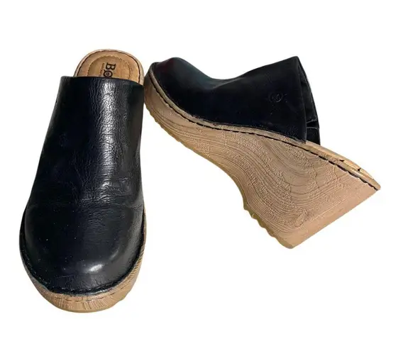 BORN Natalie Black Leather Clog Comfort Shoes Wedge Platform Womens Size 8 M