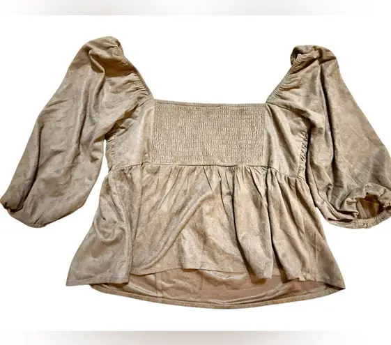 francesca's Miami Payton Faux Suede Pleated Blouse Brown Sz L Size L