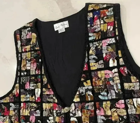 Vintage Soul Mates Patchwork Corduroy Vest Women's 2X Braided Fabric Tie Back Black