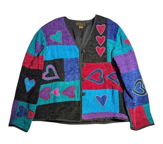 Vtg 1990s Alex Ku Blue Black Patchwork Chenille Heart Applique Lined Jacket Sz S