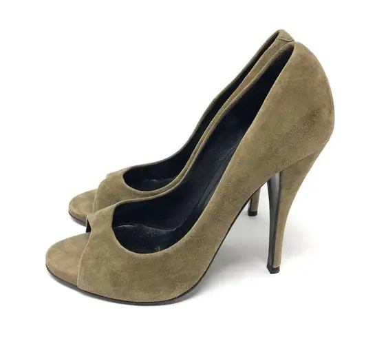 PIERRE HARDY olive green suede peep toe heels, size 38.5