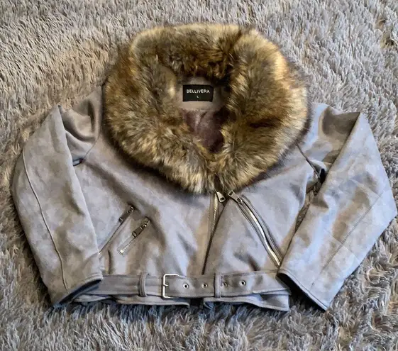 EUC Bellivera grey faux suede leather jacket with removable collar size large Gray