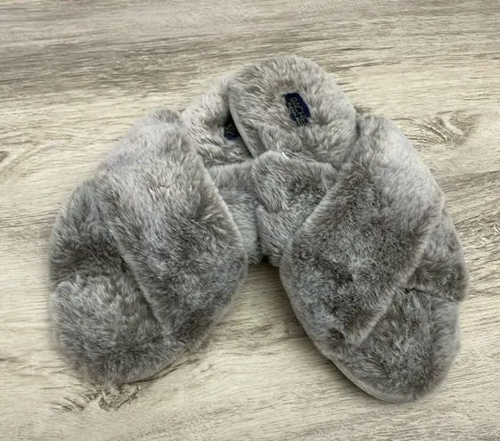 Rachel Roy Gray Faux Fur Padded Open Toe Rubber Outsole Slippers Size M 7-8