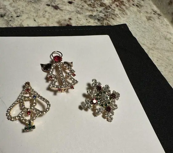 Lot Of 3 Prong Set Rhinestone Holiday Brooch Pins Christmas Tree & An Angel