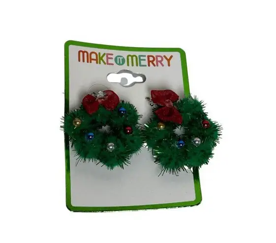 Make It Merry Christmas Wreath Earrings With Red Bows & Baubles