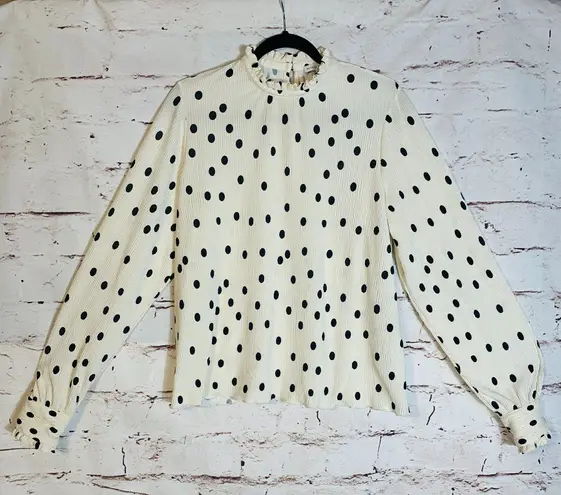 Maison d'Amelie Polka Dot Ruffle Top Large Long Sleeve Mock Neck Classiccore White