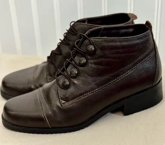Sporto Women's Brown Leather Ankle Boots 6.5 M Victorian Granny Button Style