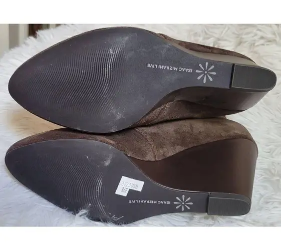 Isaac Mizrahi Live Andrea Size 8 Brown Leather Suede 3" Wedge Ankle Booties