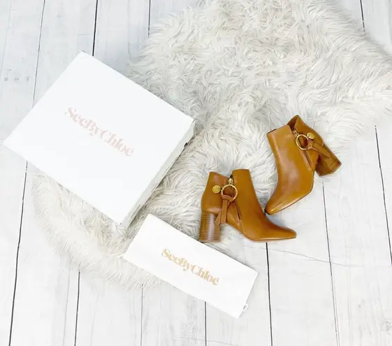 See By Chloe Women's Louise High Block Heel Leather Brown Booties Sz 36 NEW