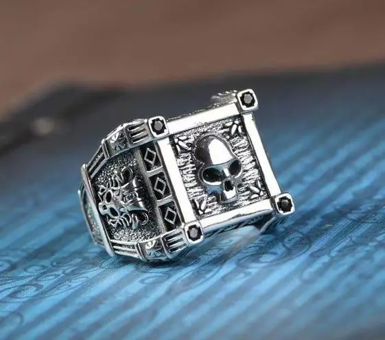 925 Silver Plated Adjustable Skull Ring for Men Women,Punk Ring,Hip Hop Ring
