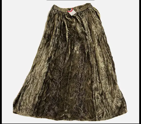 Young Threads  olive green crushed velvet embroidered maxi skirt thumbnail 1