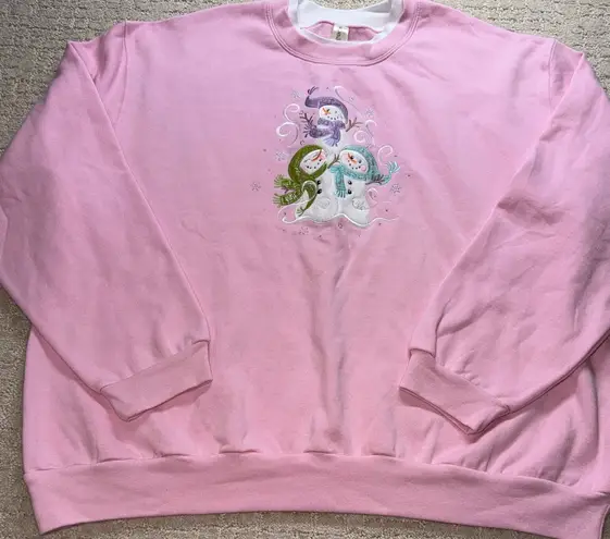 Morning Sun Snowman Embroidered Pink Fleece Sweatshirt 2XL Winter Holiday cute Size 2X