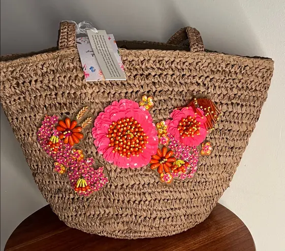 Floral Embellished Brown Woven Tote Bag beaded and bedazzled with floral accents