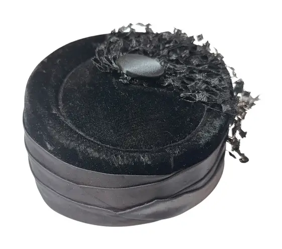 Black Velvet Pillbox Hat with Lace Trim and Button Detail Women's Accessory