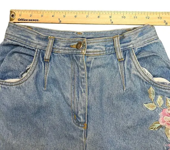 Vintage 1990's Together Floral Embroidered Straight Leg High Waist Denim Size 6P Blue