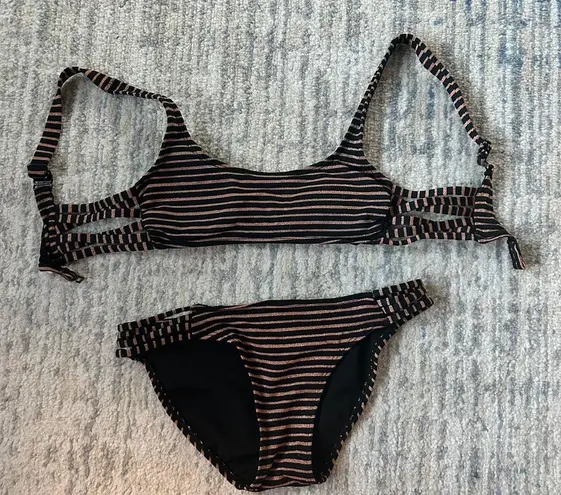 Black And Rose Gold Striped Bikini With Glitter