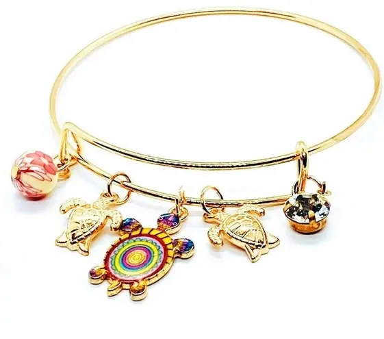 Boutique Beaded Sea Turtle Charm Colorful Bangle Bracelet