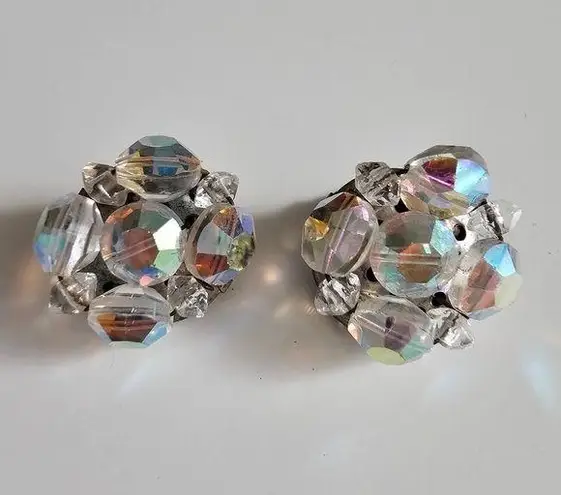 Crystal Aurora Borealis Austrian bead Cluster Vintage Statement Earrings Silver