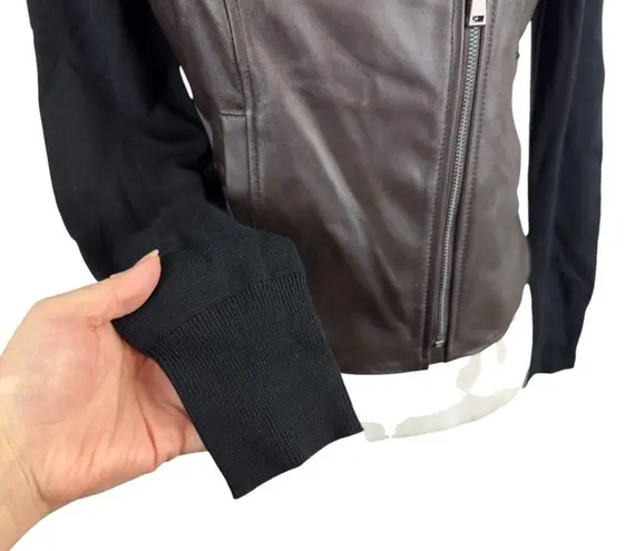 Etcetera Brown Genuine Leather Jacket Black Knit Moto Biker Short Jacket Size XS