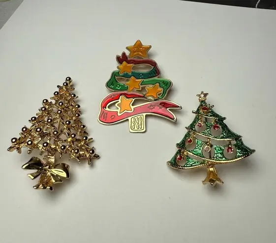 Christmas Tree Holiday Lot Of 3 Brooch Pin Gold Tone