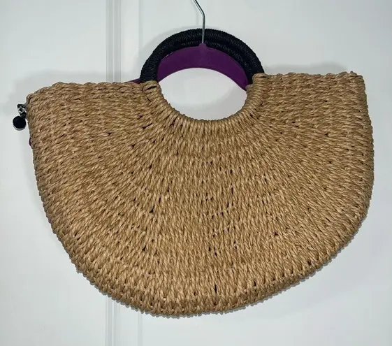 Handmade Unbranded Savanna Weave Styled Woven Bag w/ Black Trim Pom-Poms and Ribbon