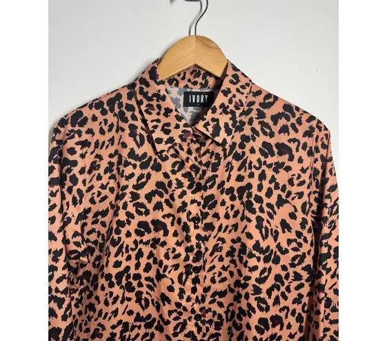 Ivory Top Women Size L Leopard Brown Black Button Up Career Modest Closet Staple Size L