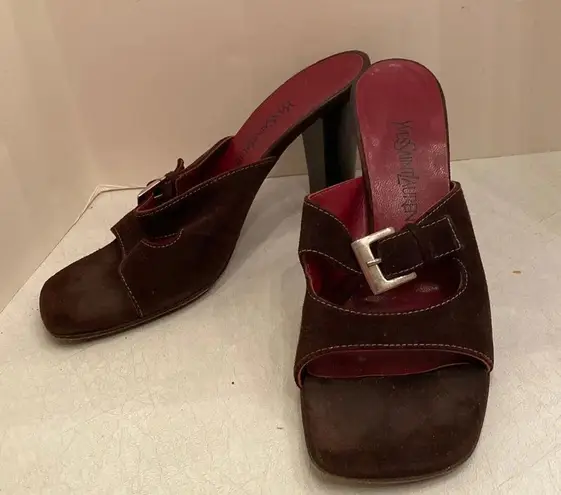 YSL Brown Suede Vintage Square Toe Buckle Sandal Heel Pump Size 6