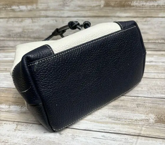 VTG Liz Claiborne Leather Co Purse Handbag Cream Navy Drawstring Satchel Preppy Blue