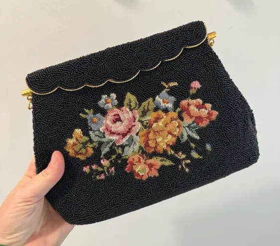 Vintage 60s Black Fully Beaded Floral Needlepoint Bag
