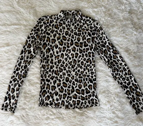 Gaze Leopard Print Mock Neck Long Sleeve Small Top Animal Print Brown