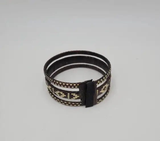 Handmade Woven Rattan Bracelet Brown and White Geometric Pattern Medium Cuff