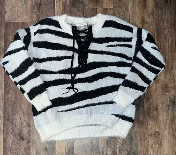 Boston Proper  large zebra v neck lace up sweater - Image 1