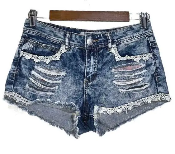 Harmony & Havoc Lace Embroidered Blue Acid Wash Distressed Denim Shorts NWOT