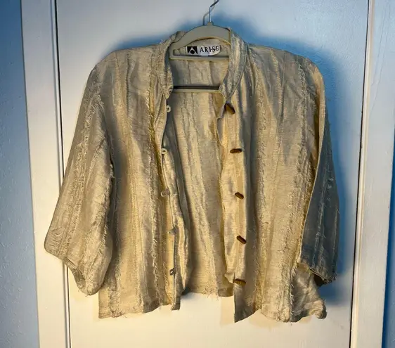 VTG Arise Linen Silk Jacket Medium Beige Fringe Seams Wooden Buttons Boho